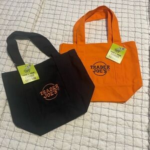 Two Trader Joe's Black and Orange Canvas Tote Bags - NWT